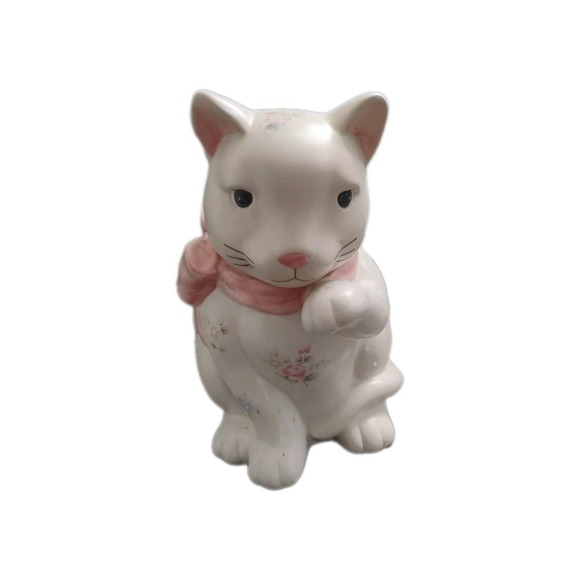 VTG 80s Pfaltzgraff Ceramic Cat Cookie Jar Floral/Bow/Butterfly- some chipping